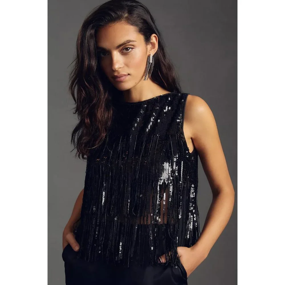 Anthropologie Eva Franco Black Sequin Crop Top with Fringes - Picture 5 of 6